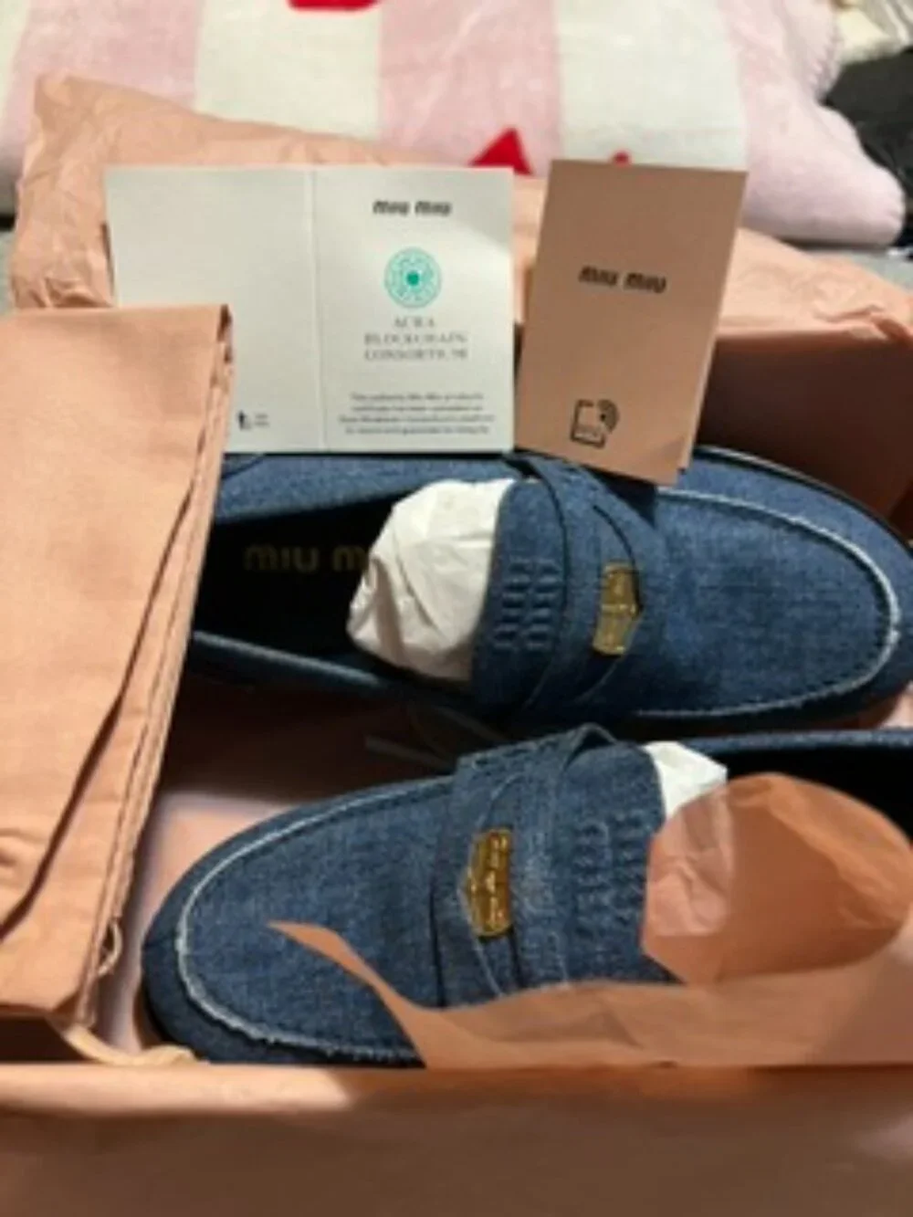 NWT Miu Miu Denim Coin Penny Loafers Pristine inc. Box, Dustbag Size 38 (7 1/2)
